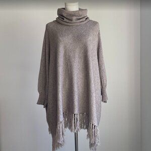 C Cowl Neck Poncho Cape Style Long Sleeve with Cuffs Fringed OS